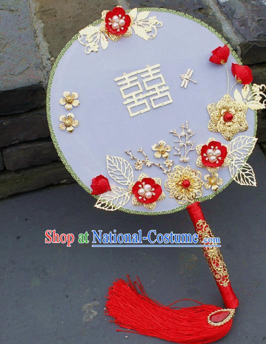 China Traditional Wedding Xiuhe Suit Silk Fan Handmade Palace Fan Bride Golden Plum Circular Fan