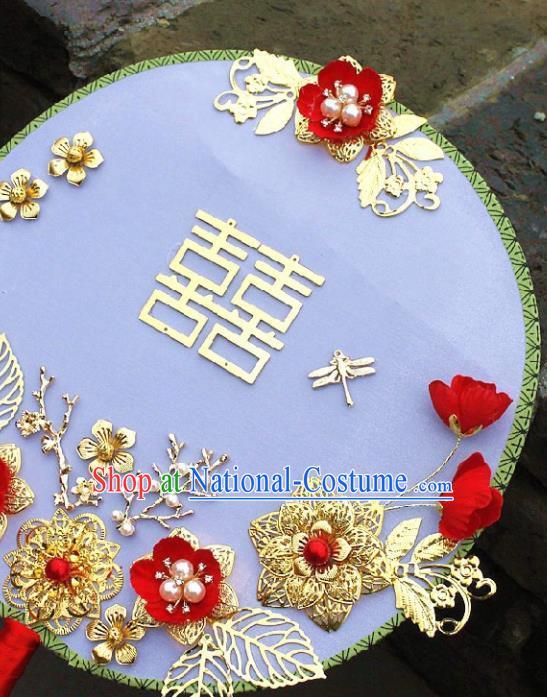 China Traditional Wedding Xiuhe Suit Silk Fan Handmade Palace Fan Bride Golden Plum Circular Fan