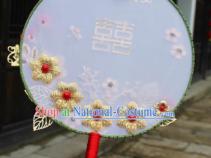 China Traditional Wedding Xiuhe Suit Silk Fan Handmade Palace Fan Bride Golden Plum Circular Fan