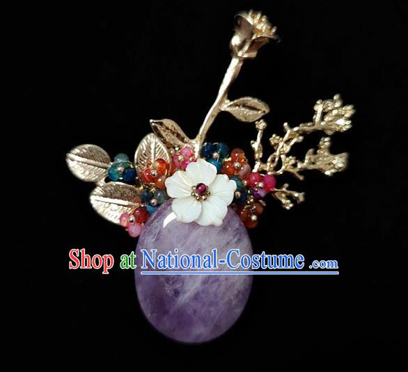 Handmade China Cheongsam Shell Flower Breastpin Amethyst Brooch Accessories Classical Jewelry