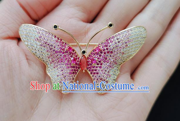 Handmade Rosy Crystal Butterfly Brooch Top Grade Zircon Jewelry Accessories