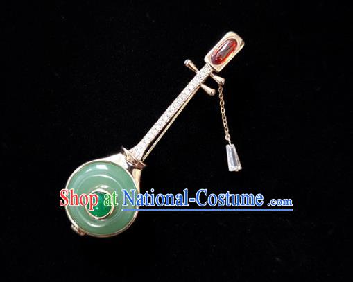 Handmade China Jade Brooch Accessories Cheongsam Crystal Lute Breastpin Classical Jewelry