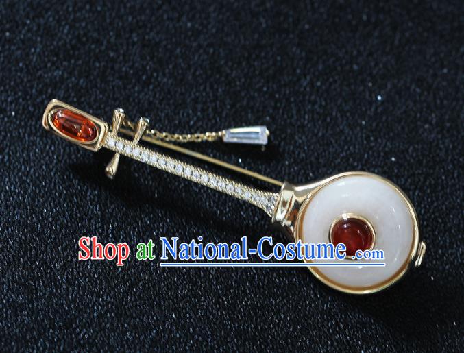 Handmade China Classical Cheongsam Crystal Lute Breastpin Jewelry White Jade Brooch Accessories