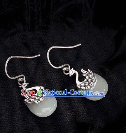 Top Chinese Cheongsam Accessories Silver Carving Phoenix Earrings Classical Jade Ear Jewelry