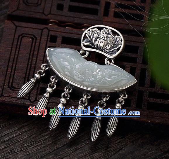 Handmade China Jade Carving Peony Tassel Pendant Accessories Classical Cheongsam Silver Necklace Jewelry