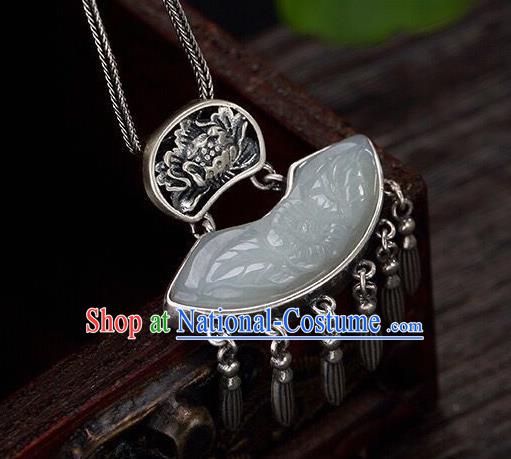 Handmade China Jade Carving Peony Tassel Pendant Accessories Classical Cheongsam Silver Necklace Jewelry