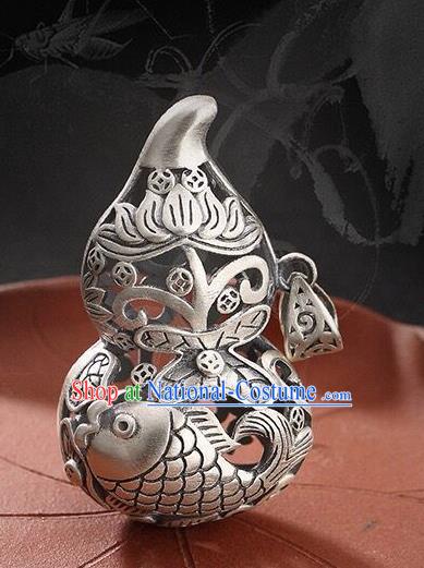 Handmade China Carving Carp Pendant Accessories Classical Cheongsam Silver Gourd Necklace Jewelry