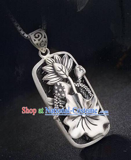 Handmade China Classical Cheongsam Silver Necklace Jewelry Carving Lotus Pendant Accessories