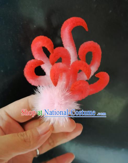 China Traditional Red Velvet Fox Hair Stick Handmade Ancient Princess Hairpin