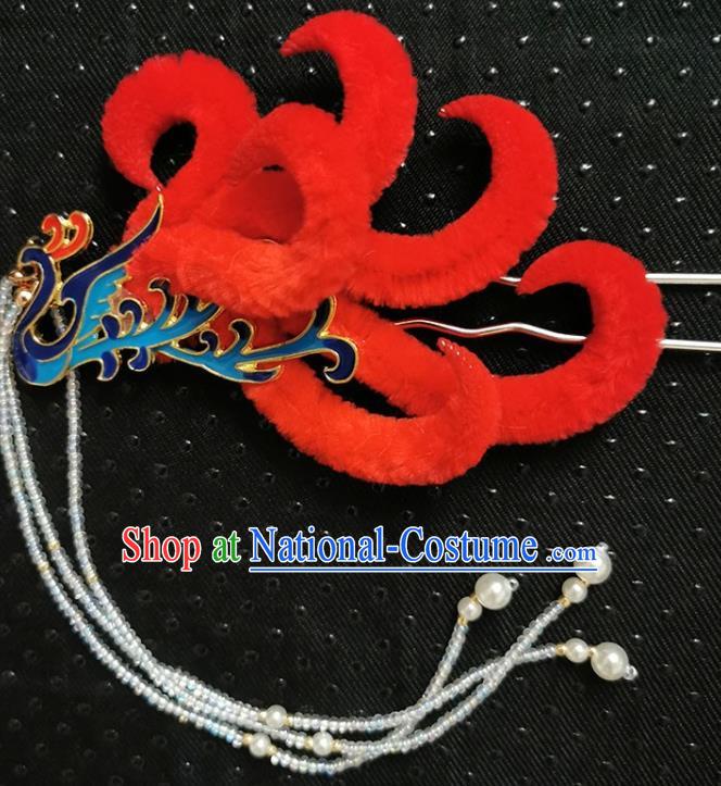 China Ancient Princess Phoenix Tassel Hairpin Handmade Traditional Red Velvet Hair Stick