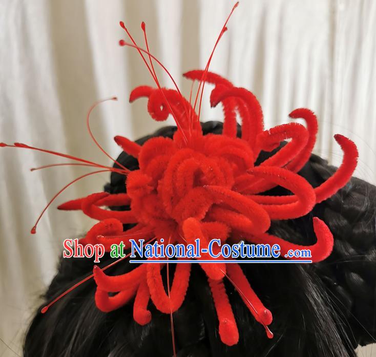 China Handmade Traditional Red Velvet Hair Stick Ancient Princess Red Spider Lily Hairpin