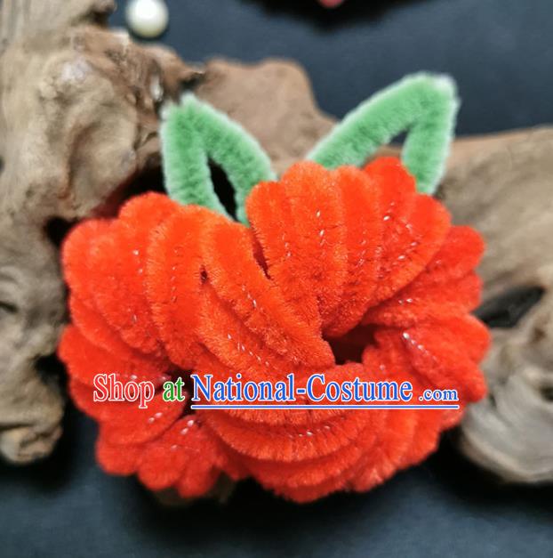 China Traditional Ancient Princess Flower Hairpin Handmade Red Velvet Chrysanthemum Hair Stick