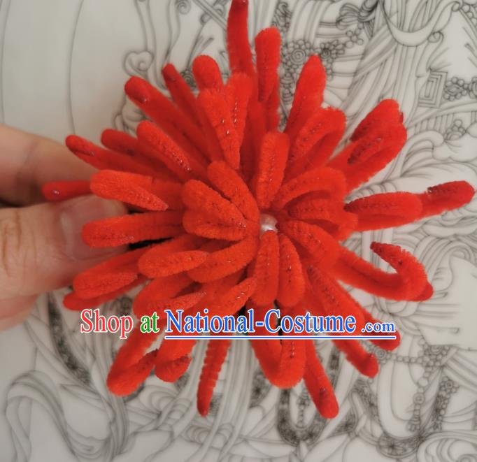 China Handmade Red Velvet Chrysanthemum Hair Stick Traditional Ancient Princess Flower Hairpin