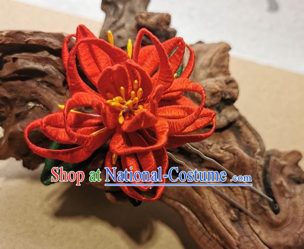 China Handmade Red Silk Epiphyllum Hair Stick Traditional Hanfu Flower Hairpin