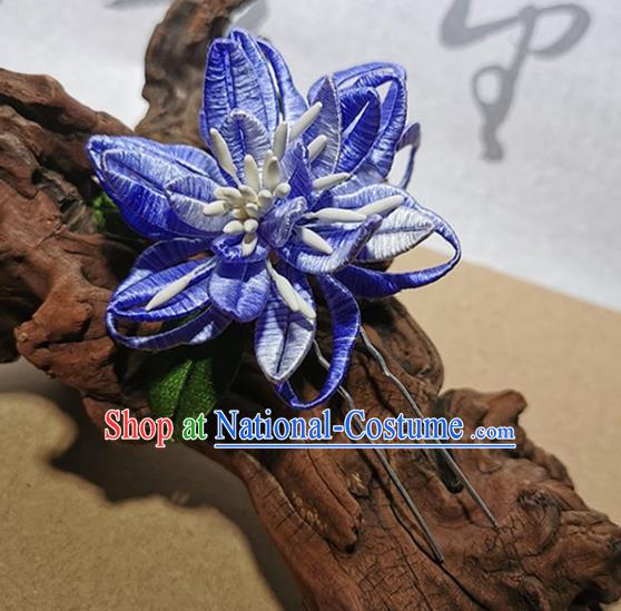 China Traditional Hanfu Flower Hairpin Handmade Blue Silk Epiphyllum Hair Stick