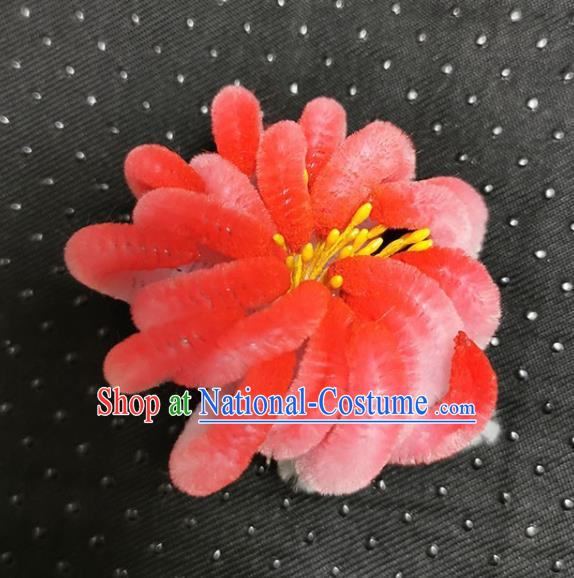 China Handmade Classical Velvet Red Chrysanthemum Hairpin Traditional Qing Dynasty Princess Hair Accessories