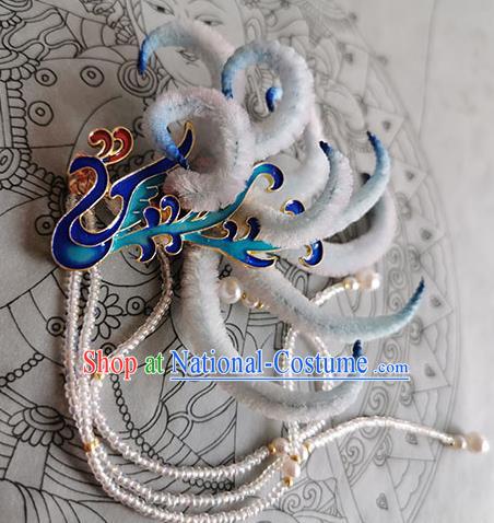 China Traditional Ming Dynasty Phoenix Velvet Hairpin Handmade Ancient Empress Beads Tassel Hair Stick