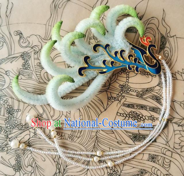 China Handmade Ancient Empress Beads Tassel Hair Stick Traditional Ming Dynasty Green Velvet Phoenix Hairpin