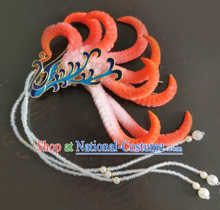 China Handmade Beads Tassel Hair Stick Traditional Ancient Ming Dynasty Empress Red Velvet Phoenix Hairpin