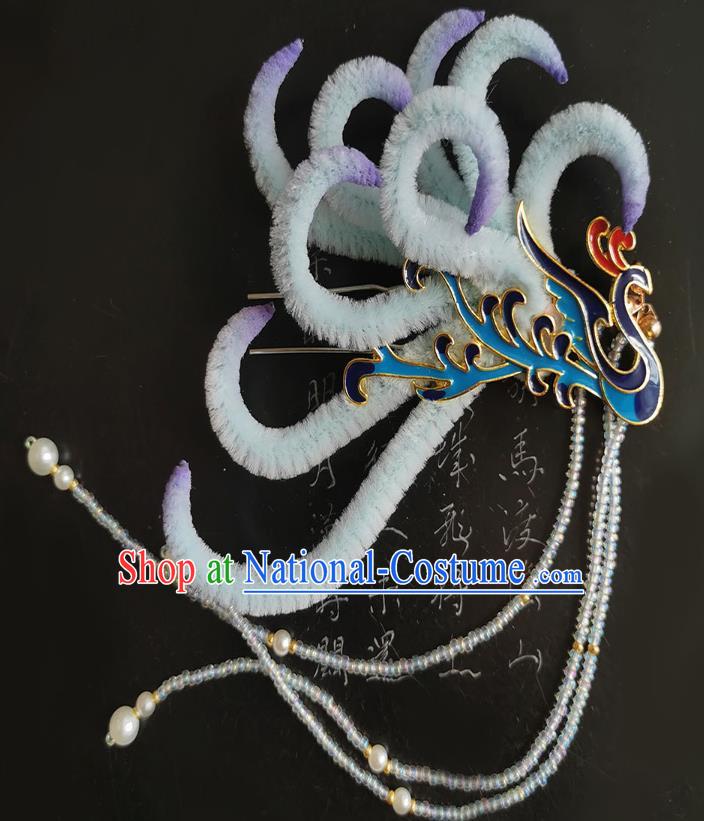 China Handmade Blueing Phoenix Hair Stick Traditional Ancient Ming Dynasty Empress Velvet Tassel Hairpin