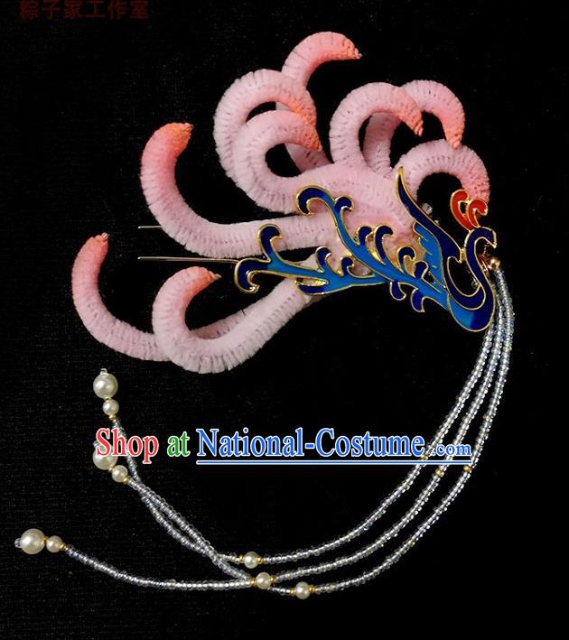 China Handmade Beads Tassel Phoenix Hair Stick Traditional Ancient Ming Dynasty Empress Pink Velvet Hairpin