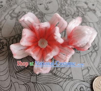 China Handmade Beijing Opera Lotus Hair Stick Traditional Ancient Ming Dynasty Pink Velvet Flowers Hairpin