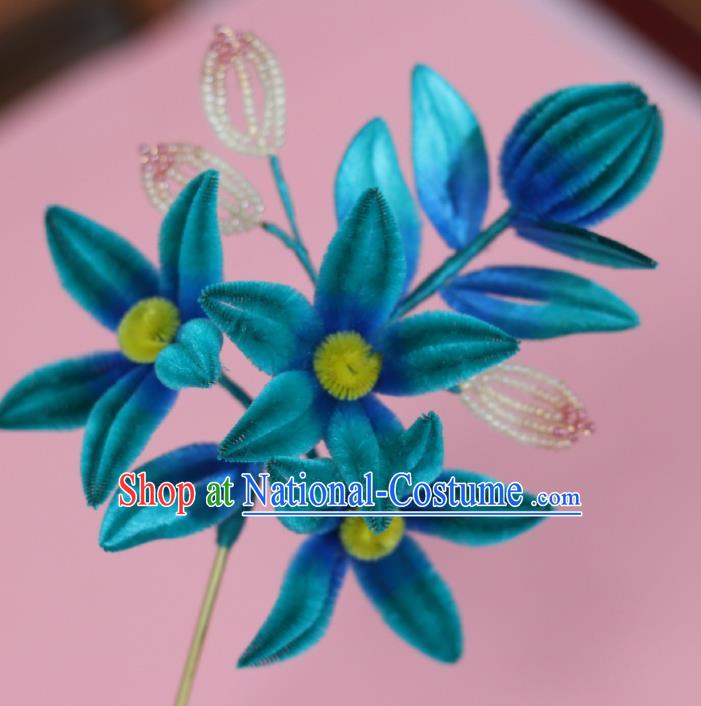 China Handmade Beads Leaf Hair Stick Traditional Ancient Qing Dynasty Court Woman Blue Velvet Flower Hairpin