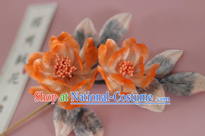 China Handmade Hanfu Hair Stick Traditional Ancient Qing Dynasty Court Woman Orange Velvet Peony Hairpin