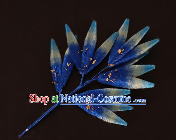 China Handmade Hanfu Bamboo Leaf Hair Stick Traditional Ancient Qing Dynasty Court Woman Blue Velvet Hairpin