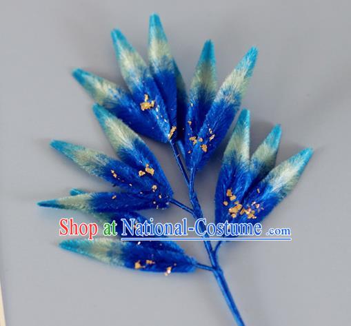 China Handmade Hanfu Bamboo Leaf Hair Stick Traditional Ancient Qing Dynasty Court Woman Blue Velvet Hairpin