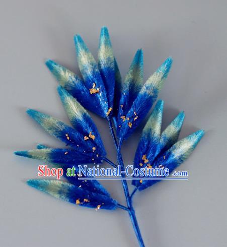 China Handmade Hanfu Bamboo Leaf Hair Stick Traditional Ancient Qing Dynasty Court Woman Blue Velvet Hairpin