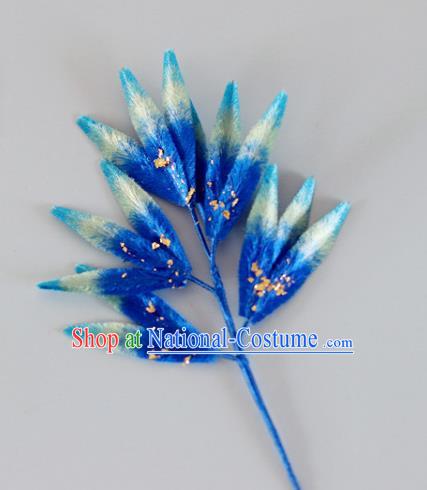 China Handmade Hanfu Bamboo Leaf Hair Stick Traditional Ancient Qing Dynasty Court Woman Blue Velvet Hairpin