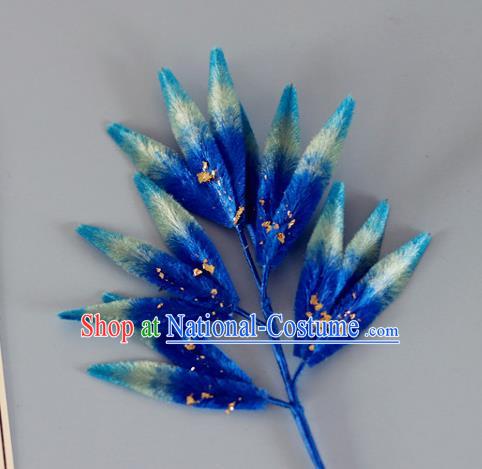 China Handmade Hanfu Bamboo Leaf Hair Stick Traditional Ancient Qing Dynasty Court Woman Blue Velvet Hairpin