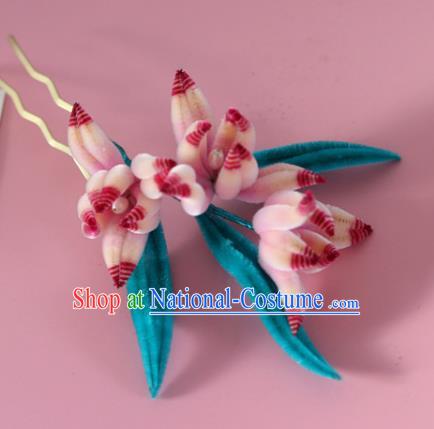 China Handmade Velvet Orchids Hair Stick Traditional Ancient Hanfu Hairpin