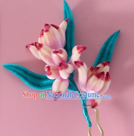 China Handmade Velvet Orchids Hair Stick Traditional Ancient Hanfu Hairpin