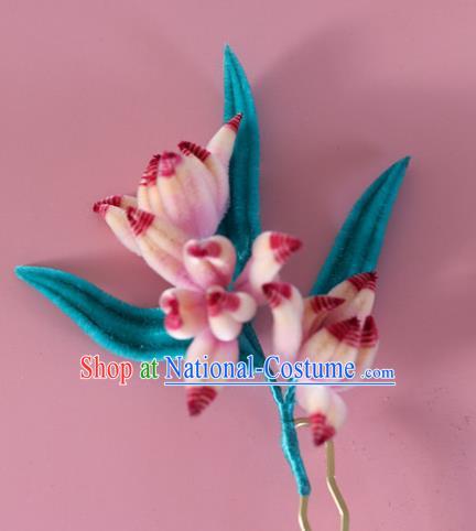 China Handmade Velvet Orchids Hair Stick Traditional Ancient Hanfu Hairpin