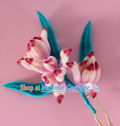 China Handmade Velvet Orchids Hair Stick Traditional Ancient Hanfu Hairpin