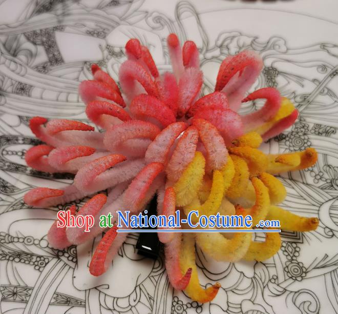 China Handmade Hair Claw Traditional Hanfu Hairpin Ancient Princess Pink Velvet Chrysanthemum Hair Stick