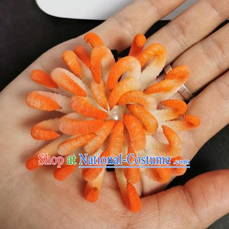 China Ming Dynasty Orange Velvet Chrysanthemum Hairpin Handmade Ancient Palace Princess Hair Stick