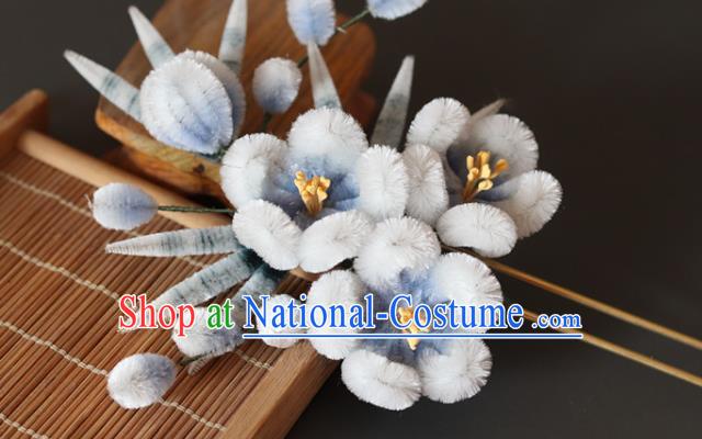 China Handmade Blue Velvet Plum Bamboo Hair Stick Traditional Ancient Princess Hanfu Hairpin