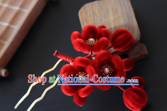 China Handmade Red Velvet Plum Blossom Hair Stick Traditional Ancient Qing Dynasty Princess Hairpin