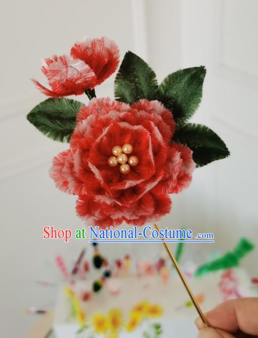 China Handmade Red Velvet Peony Hair Stick Traditional Ancient Qing Dynasty Princess Flowers Hairpin