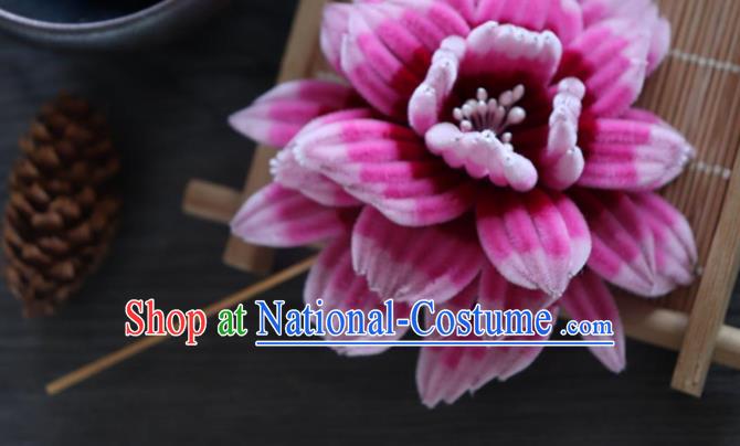 China Ancient Qing Dynasty Empress Flower Hairpin Traditional Handmade Rosy Velvet Peony Hair Stick