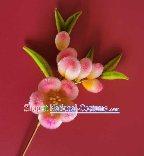 China Ancient Empress Pink Plum Blossom Hairpin Traditional Handmade Velvet Hair Stick