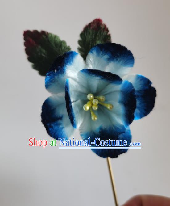 China Traditional Ancient Princess Hair Stick Handmade Blue Velvet Peach Blossom Hairpin