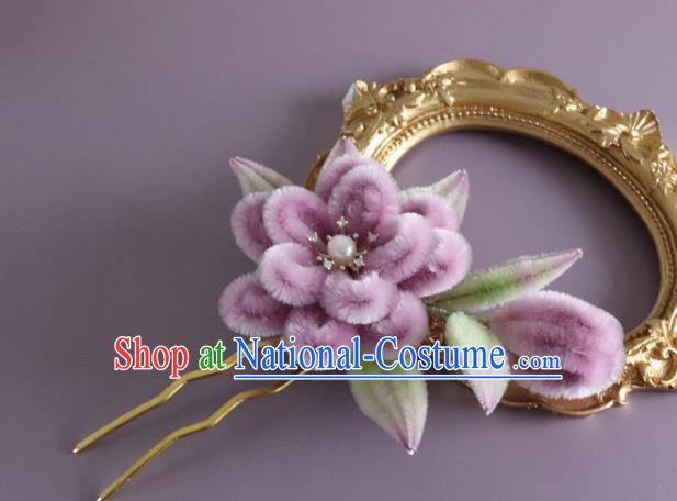 Traditional China Handmade Purple Velvet Flowers Hair Accessories Ancient Hanfu Hairpin