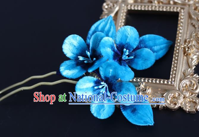 Handmade China Ancient Blue Velvet Plum Blossom Hairpin Traditional Hanfu Hair Accessories