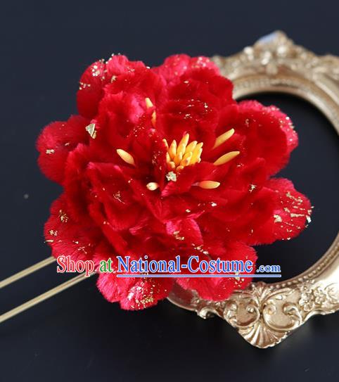 Handmade China Traditional Wedding Hanfu Hair Accessories Ancient Red Velvet Peony Hairpin