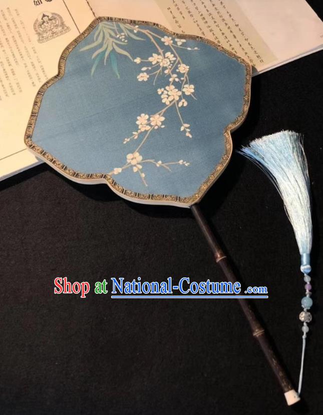 China Traditional Blue Silk Palace Fan Hand Painting Plum Blossom Fan