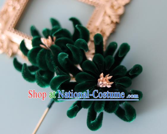 Handmade China Ancient Court Green Velvet Chrysanthemum Hairpin Traditional Hanfu Hair Accessories Hair Stick